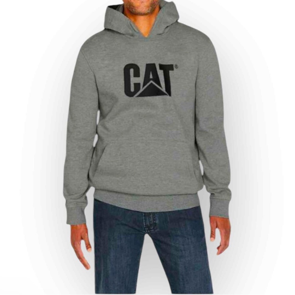 Cat Caterpillar gray hoodie. Black Cat logo gray sweatshirt